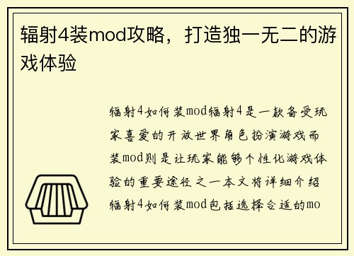辐射4装mod攻略，打造独一无二的游戏体验
